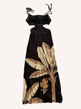 NWOT Black Tropical Print Maxi Dress Side Cutout Size S